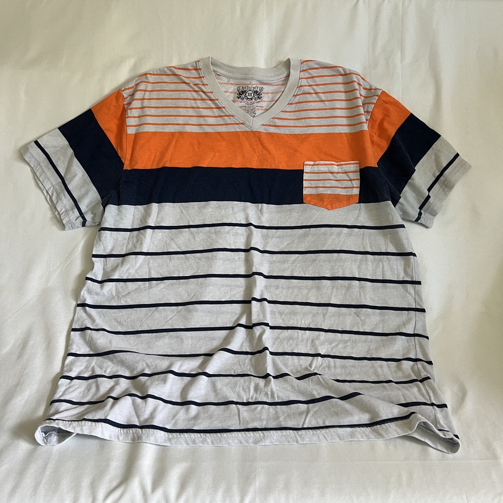 CHEMISTRY T-Shirt XL Orange Grey Blue Striped V-Neck Casual Pocket Colorblock
